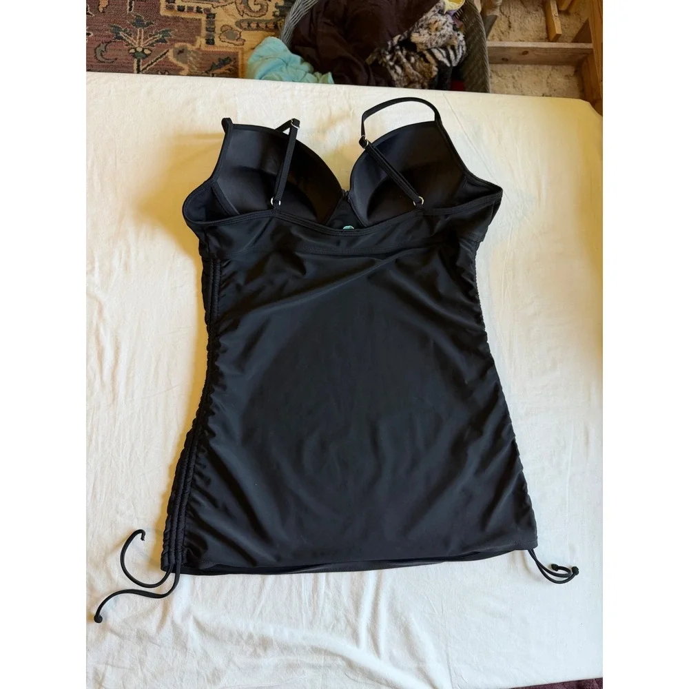 Love Your Assets Spanx Black Ruched Tankini Top Underwire XL beach vacation